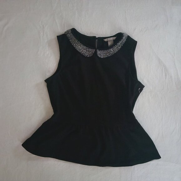 H&M Womens π Fancy Black Sequined Neck Fit And Flare Sleeveless Peplum Top - Picture 15 of 15
